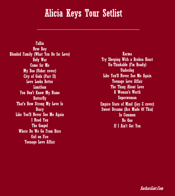 Alicia Keys Tour Setlist