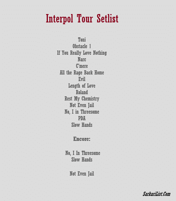 Interpol Tour Setlist
