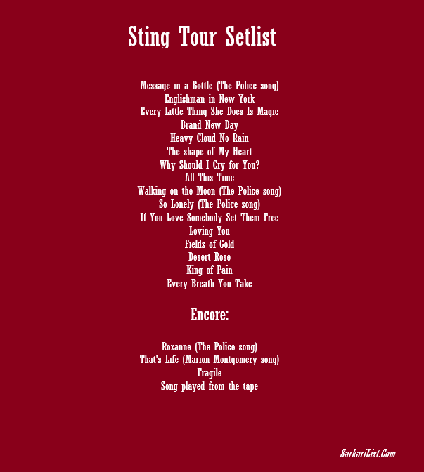 Sting Tour Setlist 