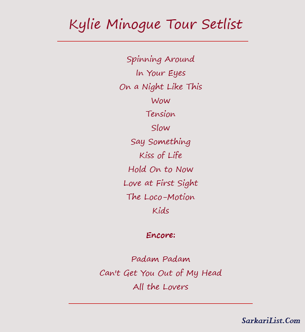 Kylie Minogue Tour Setlist 