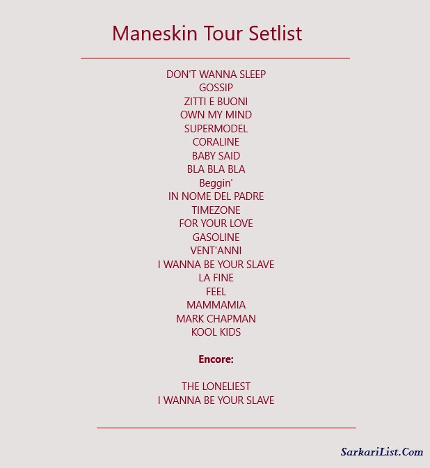 Maneskin Tour Setlist 