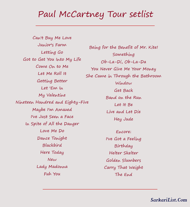 Paul McCartney Tour setlist 