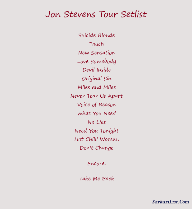 Jon Stevens Tour Setlist